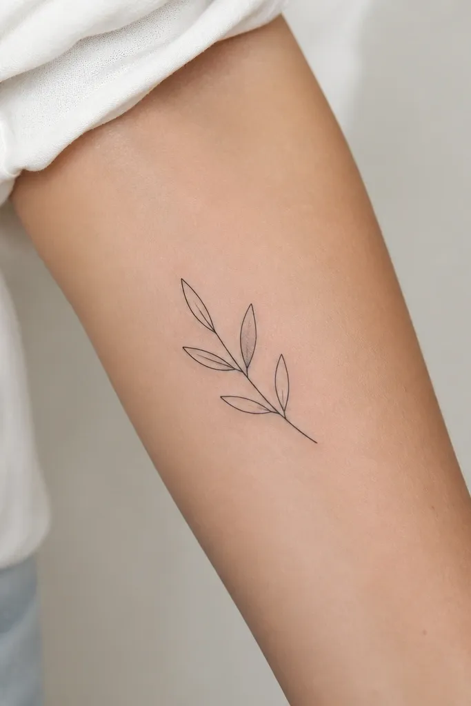 A small olive branch tattoo on the forearm with 6 leaves. All leaves are linework, except one leaf near the center has a thin gray shadow along one edge. The stem is black and the shaded leaf has a soft gradient edge.