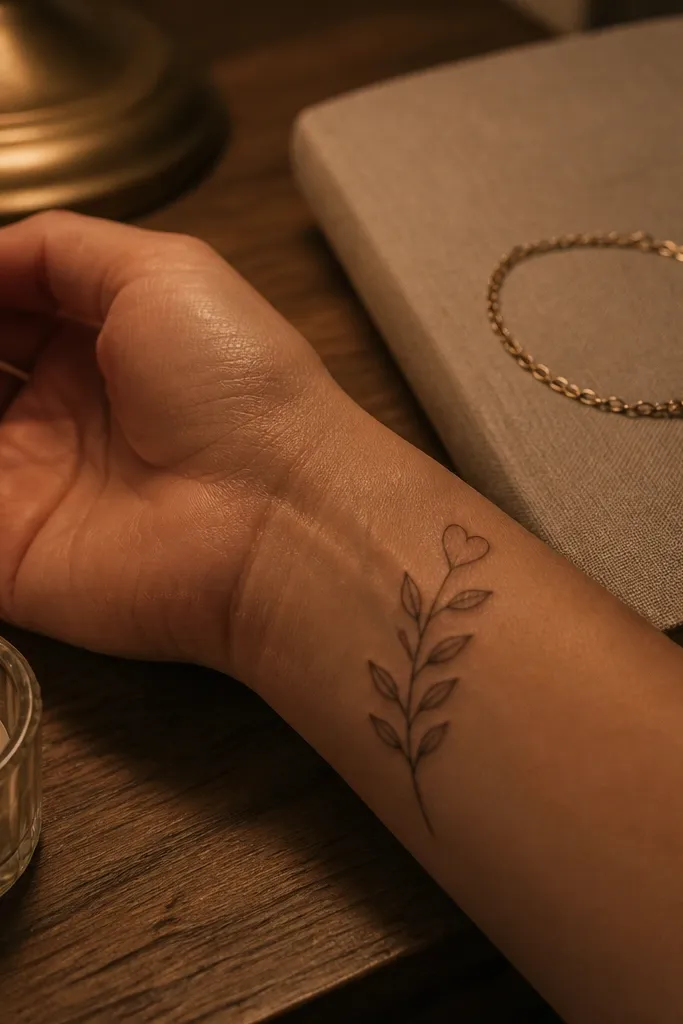 A tiny black tattoo on the inner upper arm: an olive branch stem curves upward and ends in a small heart-shaped leaf at the top. The leaves below are standard olive leaf shapes, spaced evenly. The photo shows the tattoo near a short sleeve edge.