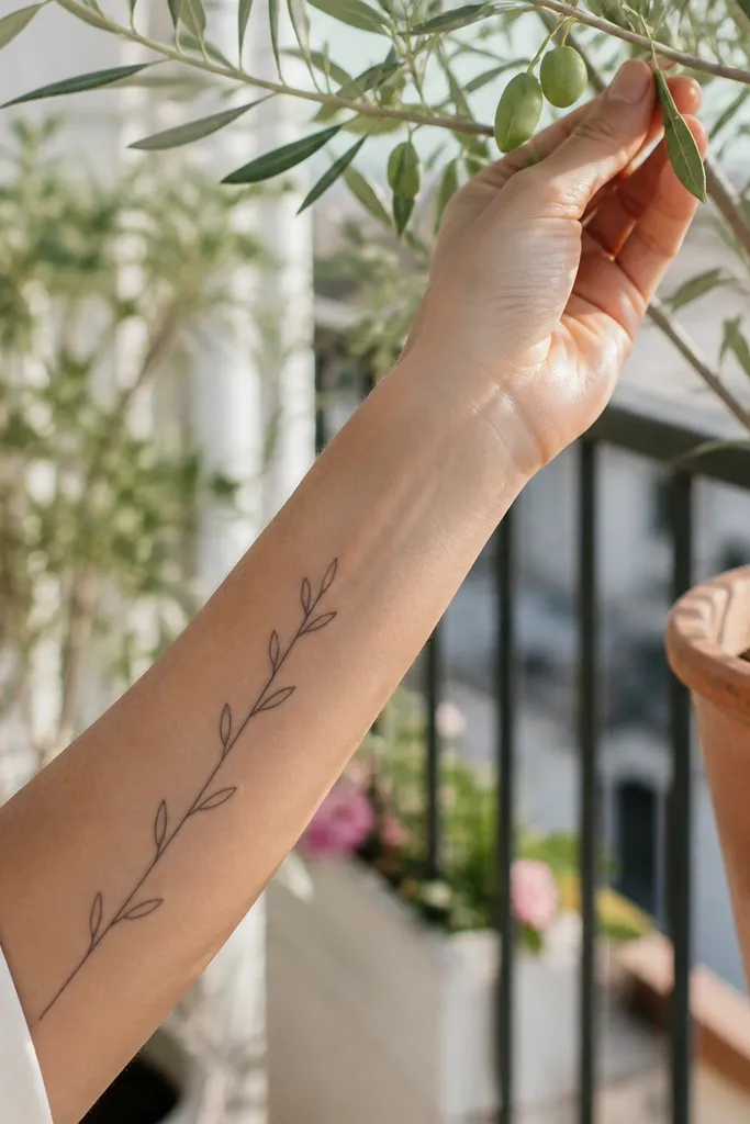 A small olive branch tattoo on the lower ribs or upper hip: black ink stem with small buds as short oval dots along the stem. Leaves are present at the ends of the buds, with narrow leaf outlines. The photo shows it peeking above high-waisted leggings.