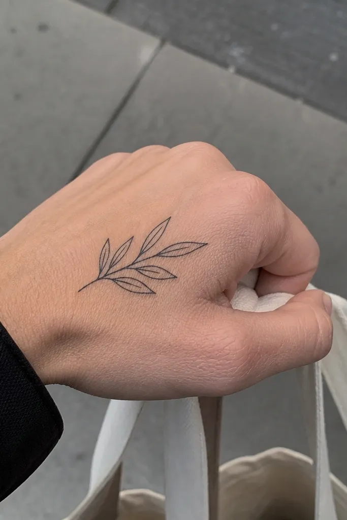 A small monochrome olive branch tattoo on the back of the hand near the thumb knuckle. It's a short sprig with 4 leaves and a thin stem. The lines look crisp against the hand's natural texture, and the photo shows the hand holding keys.