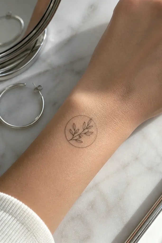 A small black olive branch inside a very thin circle on the upper chest near the collarbone. The branch has 6 leaves, and the circle is drawn with a hairline stroke. The photo shows the tattoo under a partially unbuttoned shirt.