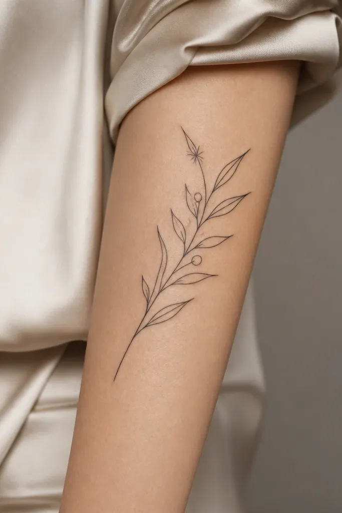 A small monochrome olive branch tattoo on the outer forearm with leaf tips that end in tiny angled points, like subtle sparkles. The branch has 7 leaves, each with a pointed end and a single vein line. The stem is thin and the whole design stays crisp in the photo.