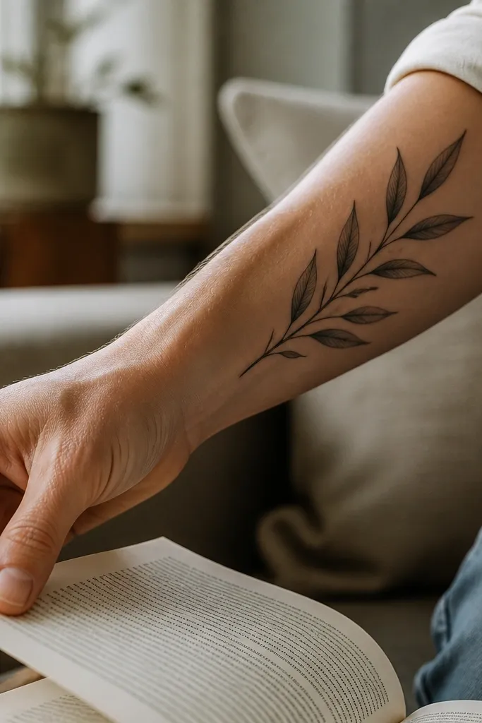 A small olive branch tattoo on the upper outer arm with a thin stem drawn in black and one side of the stem shaded with a very light gray gradient. Leaves are linework with minimal vein lines. The photo shows the tattoo near a tank top seam.