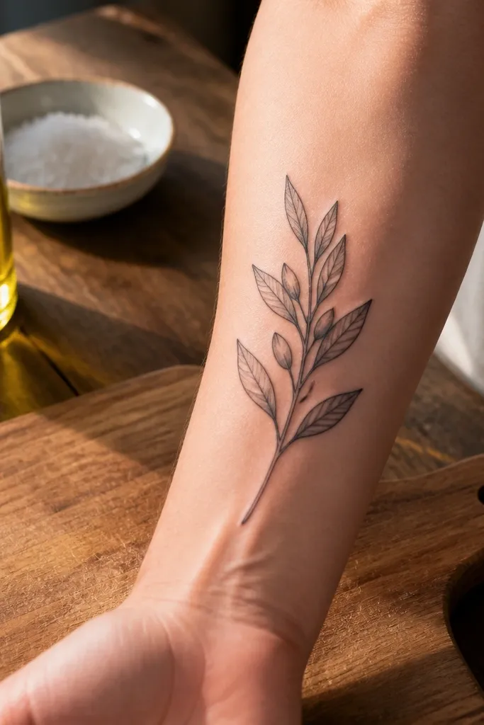 A small olive branch tattoo on the inner bicep with leaves that have one central vein and 2 tiny cross marks along it. The branch is black linework with about 7 leaves. The wearer is shown holding a shirt collar, with the tattoo in crisp view.