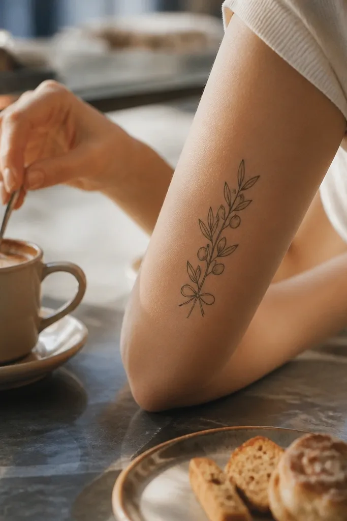 A small olive branch tattoo on the back of the upper arm with the stem rising from a tiny bow shape at the base. The bow is two crossed loops in black ink, and 5 leaves sit along the stem. The photo shows the tattoo with the arm relaxed, lines crisp and centered.