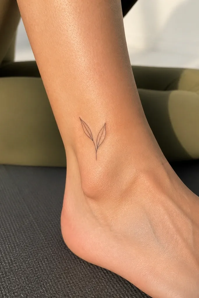 A very small olive branch tattoo on the side of the calf or inner lower leg. It shows two leaves forming an open V shape attached to a thin stem. The leaves are outlined in black and have one vein line each. The photo shows the tattoo peeking above a cropped pant hem.