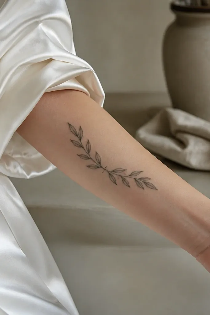 A small symmetrical olive branch tattoo on the back of the shoulder blade area. The stem curves gently, and leaves sit in mirrored pairs on both sides. The photo shows the tattoo when the shoulder is slightly turned, keeping the symmetry visible.