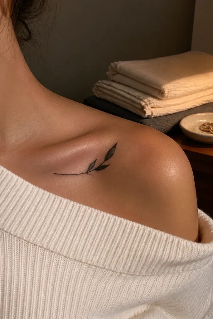 A black-ink olive branch tattoo arcs along the left collar bone, with three simple leaves spaced evenly and one small stem curl at the inner end. The wearer is taking a mirror selfie in a white V-neck top; the tattoo sits cleanly on the collar bone curve and stays sharp in natural daylight.