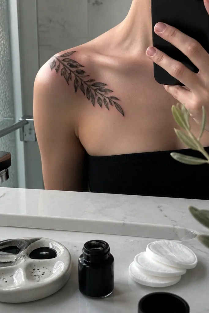 An asymmetrical olive branch sits on the right collar bone like the top corner of a crown, with leaves fanning upward and a small ribbon-like stem curl near the outer edge. The wearer is wearing a cream cardigan with the collar slightly open; the tattoo flashes clearly when the cardigan shifts.