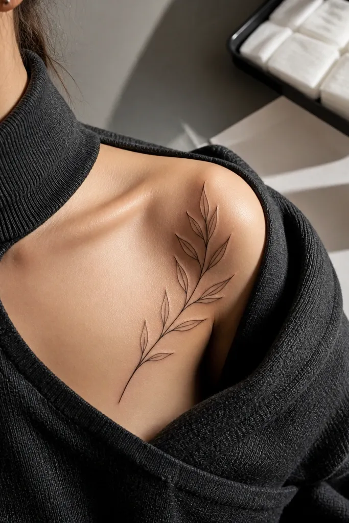 A black-ink olive branch on the collar bone with feather-like stems and leaves outlined in thin lines, leaving lots of skin showing inside the leaf shapes. The wearer wears a black tank top; the tattoo looks light and airy against the skin, visible even in low-angle light.
