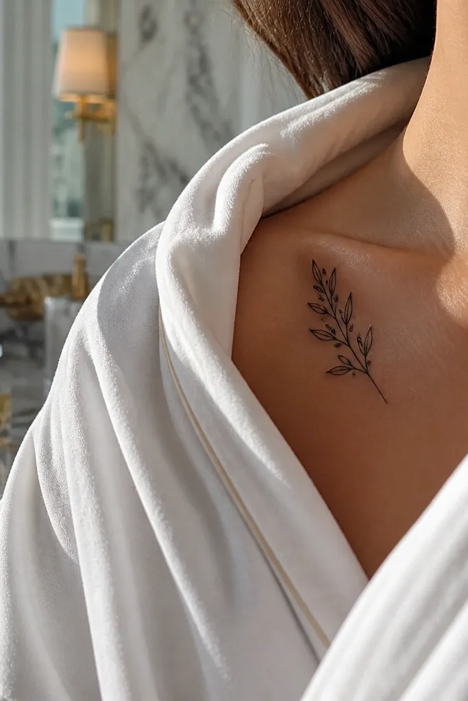 A small black-ink olive branch on the left collar bone with three tiny buds and two small leaves, placed close to the center line. The wearer is in a fitted t-shirt; the tattoo looks like delicate jewelry and stays sharp in close-up.