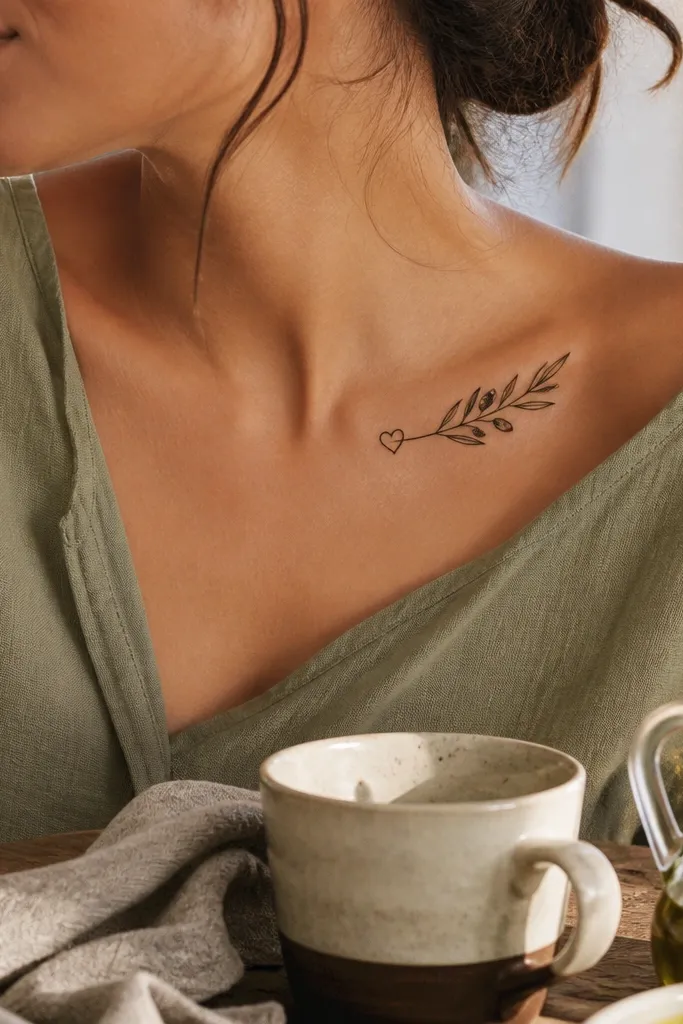 A black-ink olive branch runs along the collar bone with two leaves on the outer side and a small simple heart shape tucked near the inner end by the sternum. The wearer is wearing a soft gray off-shoulder sweater; the heart catches light when the sweater slips.