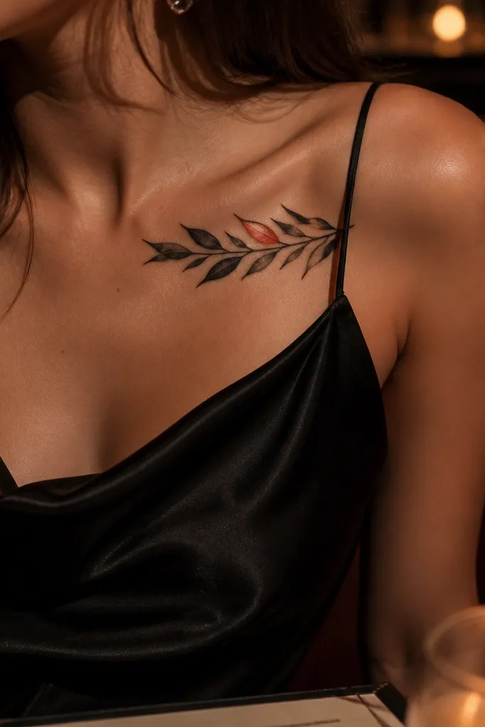 A mostly black-ink olive branch on the collar bone with one leaf shaded in a muted red-orange wash near the middle. The wearer is in a black turtleneck; the single colored leaf looks like a highlight against the monochrome lines.