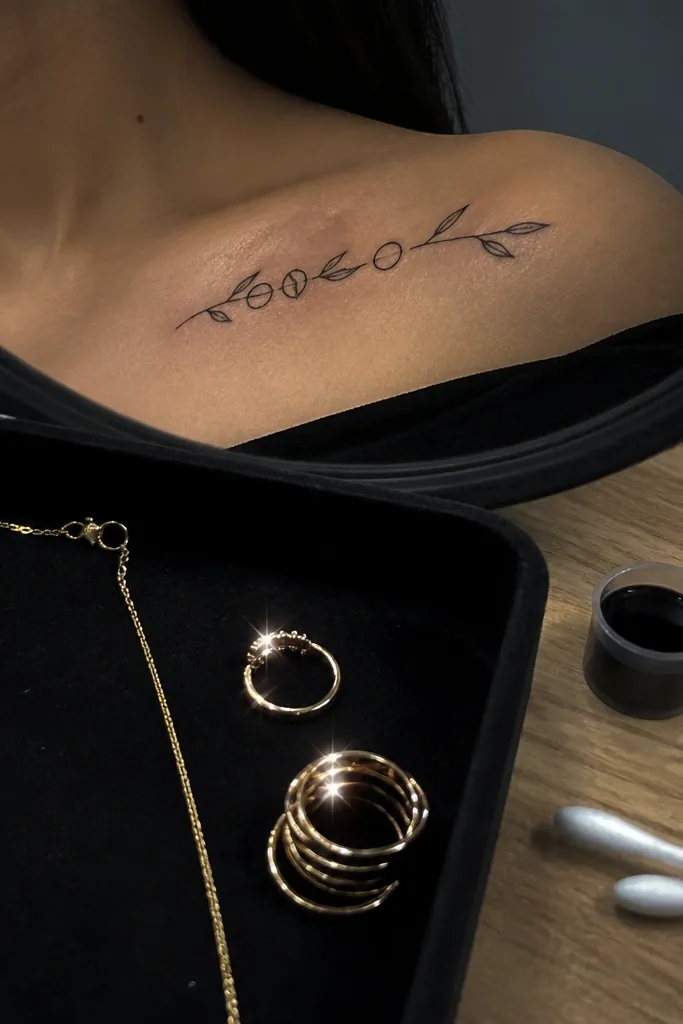 A black-ink olive branch on the collar bone with three small ring shapes spaced along the stem like tiny halos. The wearer is in a light blue button-down with the top unbuttoned; the rings catch the light and make the branch look like jewelry.