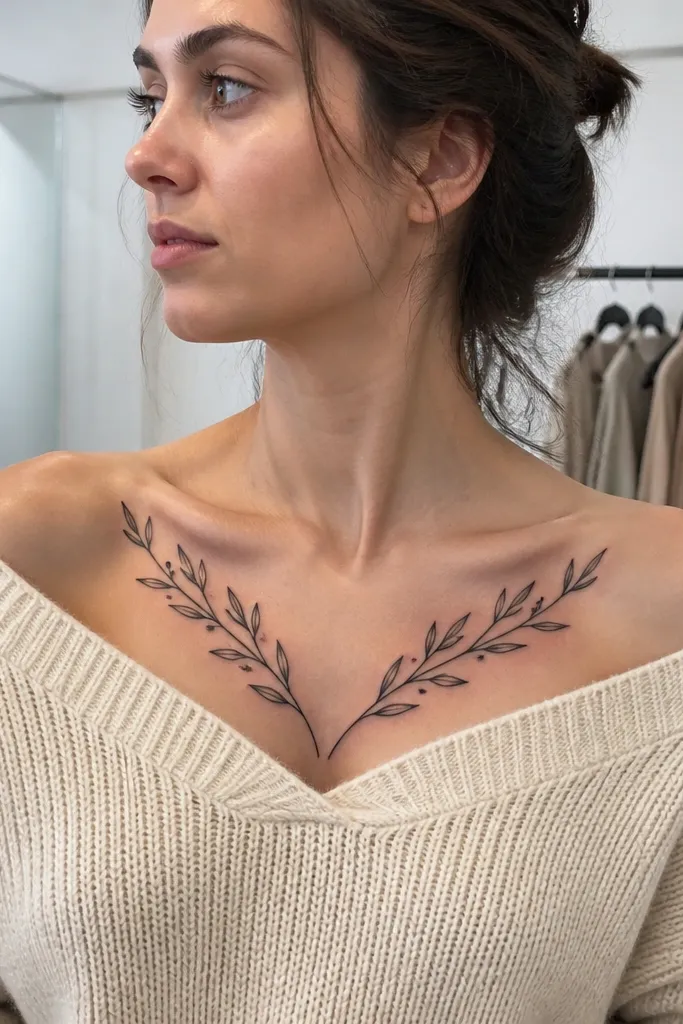 A black-ink olive branch that splits into two thin vines near the inner collar bone, with small leaves on each side forming a gentle V shape. The wearer is in a white bodysuit; the tattoo sits centered and looks symmetrical in the mirror.