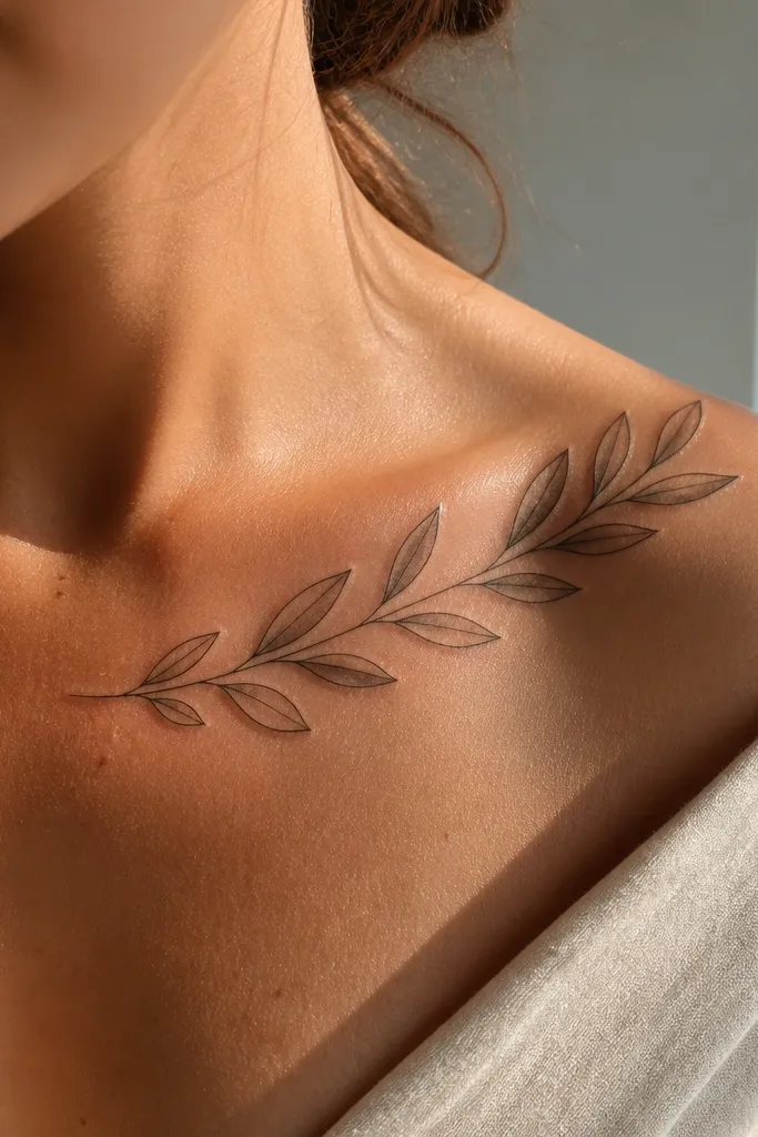 A black-ink olive branch on the collar bone where each leaf has a small gray shaded base like a half-moon under the outline. The wearer is in a tan knit top; the gray shading gives depth without making the tattoo look heavy.