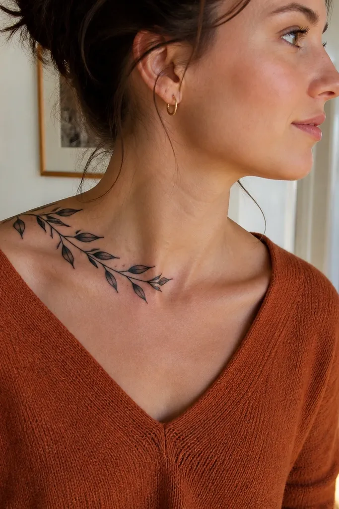 A black-ink olive branch that wraps slightly around the edge of the collar bone, with leaves angled so they face outward. The wearer is wearing a black sports bra and a cropped jacket; the tattoo looks like it follows the bone contour.