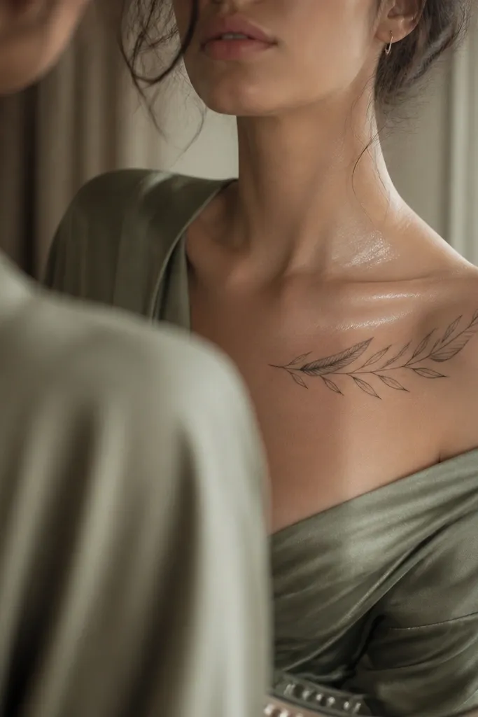 A black-ink olive branch on the collar bone with a tiny feather shape etched into the stem near the middle, like a small quill. The wearer is in a soft pink blouse; the feather detail makes the branch feel airy and artsy.