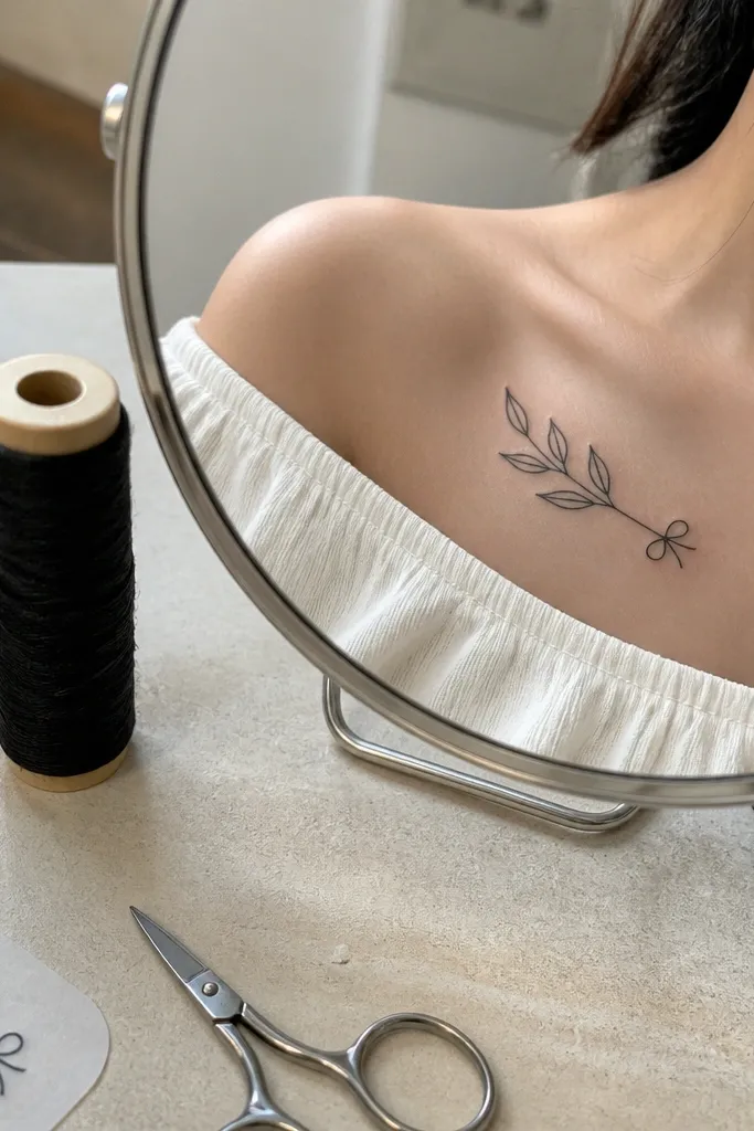A black-ink olive branch with two main leaves and a tiny bow knot at the inner end near the sternum. The wearer is wearing a cream camisole; the bow knot makes the tattoo look like a tied charm bracelet on the collar bone.
