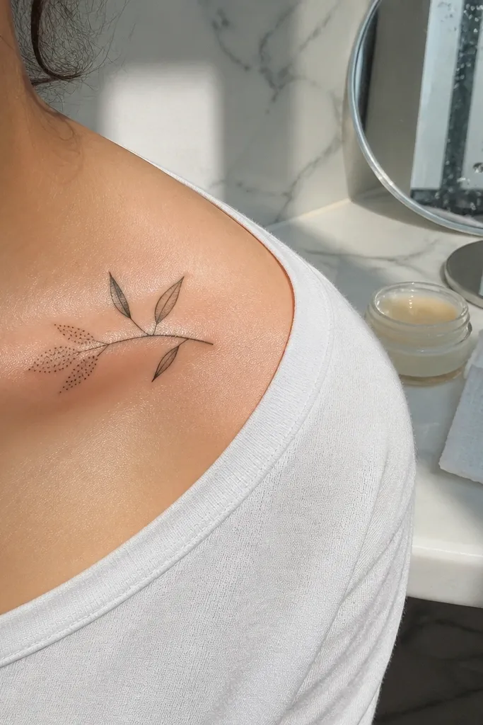 A black-ink olive branch on the collar bone with one leaf cluster shaded using dotwork at the outer side, while the rest of the leaves stay line-only. The wearer is wearing a dark green top; the dotwork cluster looks textured and crisp.