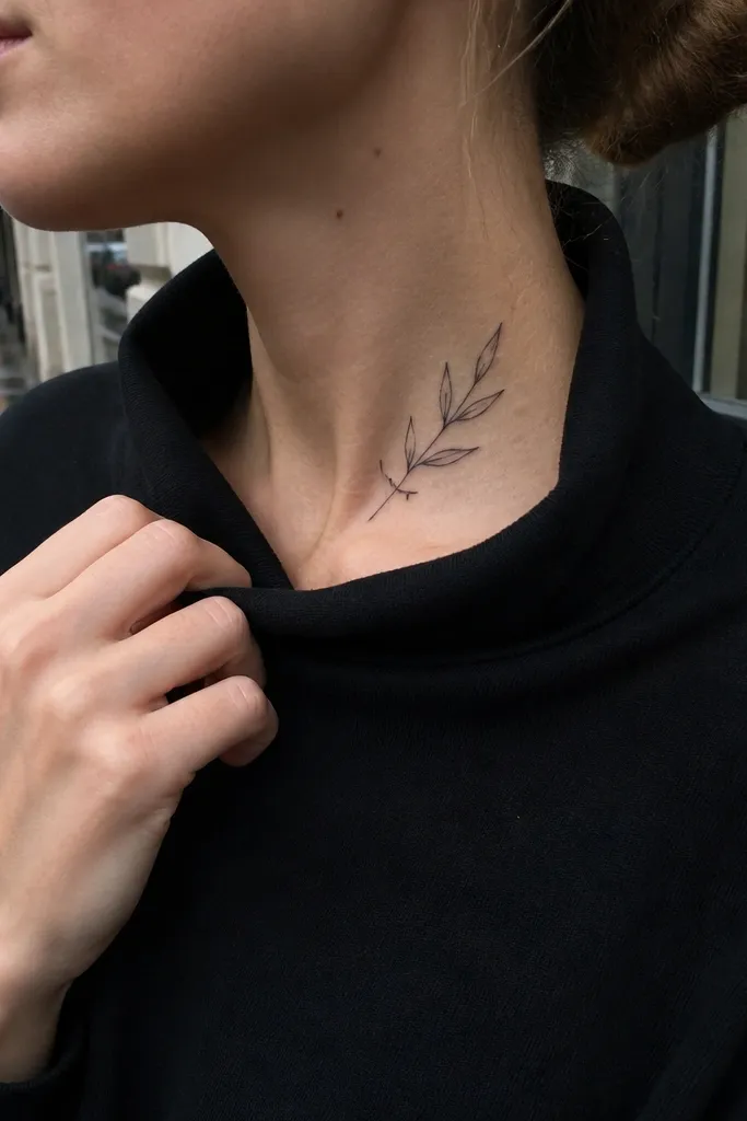 A slim black-ink olive branch along the collar bone with several small leaves. One leaf is drawn as a crossbar shape sticking slightly outward, like a tiny accent. The wearer is in a sleeveless dress; the tattoo looks like a fine-line accessory.