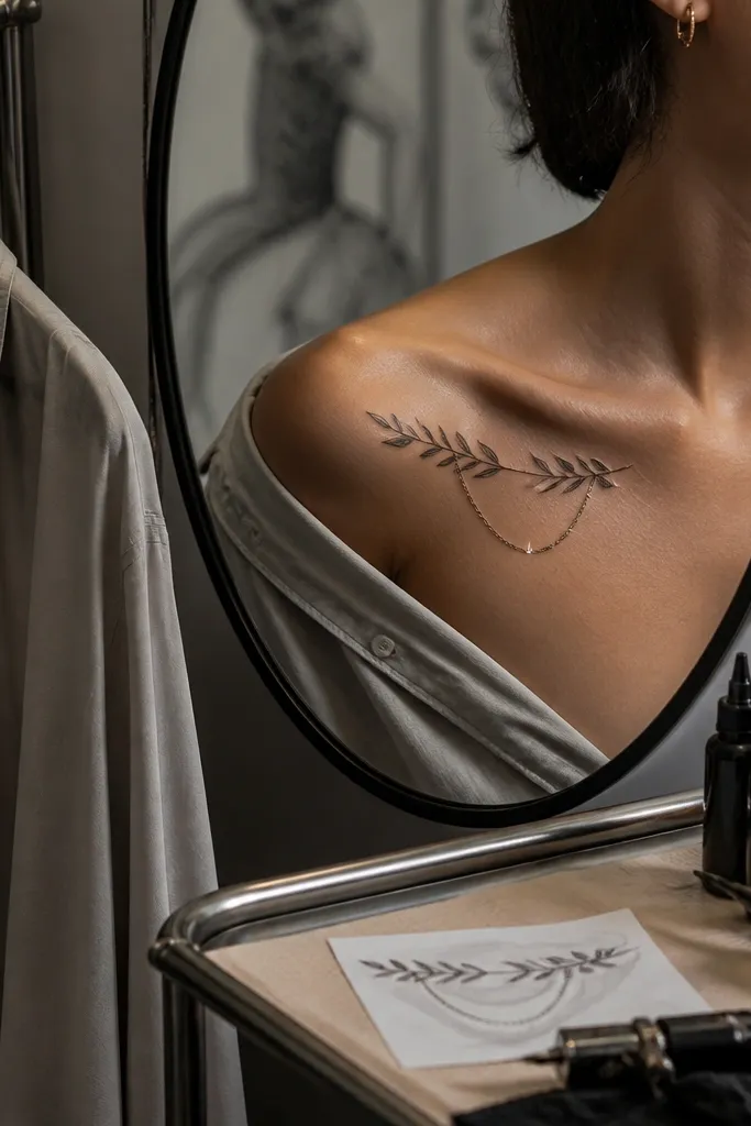 A black-ink olive branch on the collar bone with a few thin chain links drawn beneath it like a tiny necklace charm. The wearer is in a black camisole and a thin gold chain; the tattoo sits just above the chain level and overlaps the visual line.