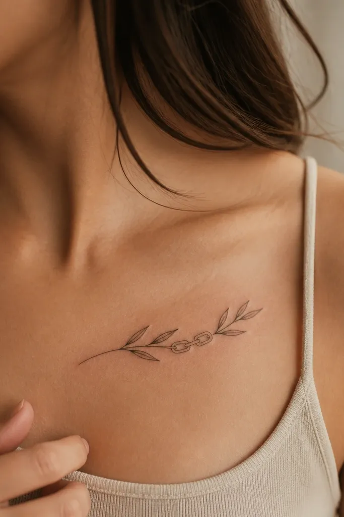A bold olive branch curves upward over the chest area, with a thick black broken chain crossing behind the leaves. Small olive fruits sit near the top, and the stem has a clean dark center line. The leaves are outlined in black with muted olive shading, and there is a little negative space gap around the chain links.