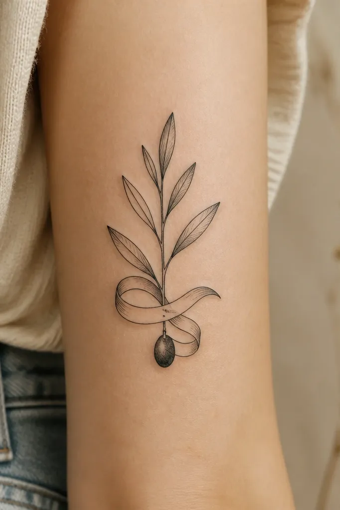 A bold olive branch hangs downward like a ribbon on the outer forearm. Near the center, one olive fruit drops from the stem, with a small banner tail underneath. The banner is blank or has a short date-like mark in black, and the leaves are large, outlined, and shaded with muted olive tones.