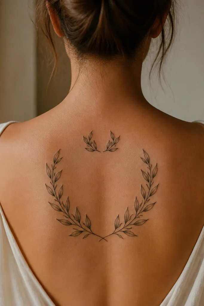 A symmetrical olive wreath wraps around a central emblem on the upper arm. The leaves are thickly outlined and arranged in balanced pairs, with a laurel crown shape forming the top arc. The center has a small dark dot or ring, and the wreath has muted green shading only on select leaf backs.
