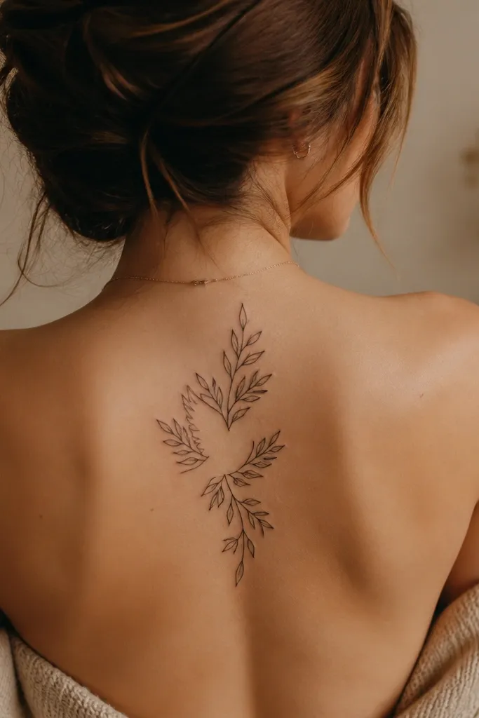 A bold branch wraps around a dove shape made mostly from negative space. The dove wings are outlined in black, and the leaves form a frame around the bird. The stem runs diagonally, and the leaves have muted olive shading while the dove body stays mostly unshaded for contrast.