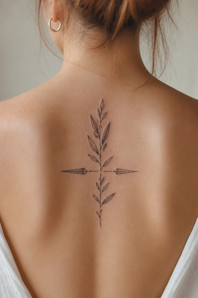 A bold olive branch crosses in front of a broken spear shaft. The spear is drawn in thick black with jagged break lines, and the branch leaves arc outward. Olive fruits sit at the tips of the branch, and the center has a dark cross shape created by the spear and stem overlap.