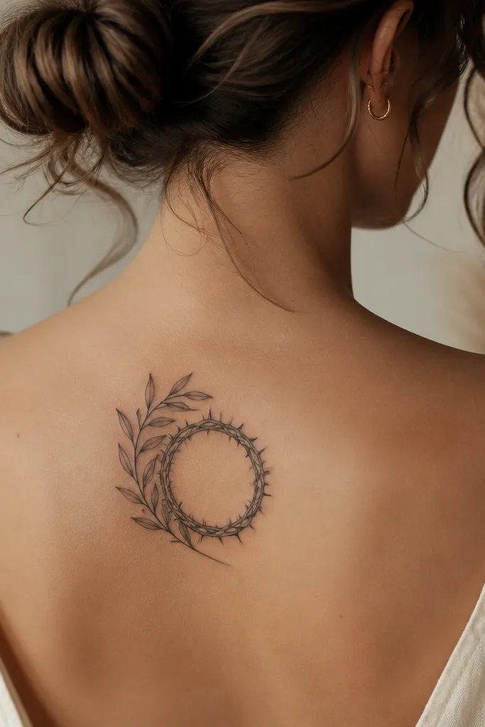 A bold olive branch grows from the side of a crown of thorns drawn in thick black lines. The thorns are stylized with sharp tips, and the olive leaves sit on the crown's outer curve. Muted green shading appears only on the olive leaves and fruit, while the thorns stay mostly black for contrast.