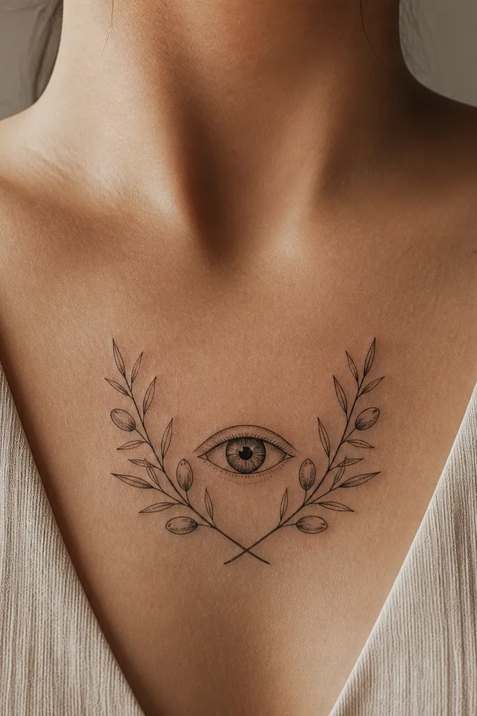 A bold olive branch frames a stylized eye at the center of the forearm. The eye has a thick black outline, a dark pupil, and a small highlight dot. Leaves sit like a half-wreath around the eye, with muted olive shading and clean negative space inside the eye shape.