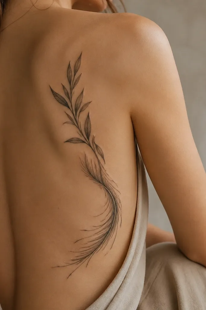 An olive branch is drawn with bold outlines and leaf shapes that blend into feather-like motion lines. The stem has a flowing curve, and the leaves taper into ink strokes near the ends. Muted olive shading is light and placed like watercolor behind the black outline.