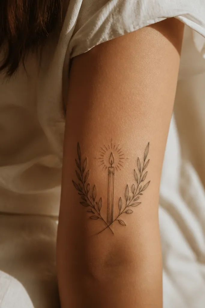 A bold olive branch wraps around a candle with a thick flame. The candle body has black shading lines, and the flame has a dark outline with minimal yellowish tint. The leaves are outlined in black and shaded muted olive, with one olive fruit near the candle top.