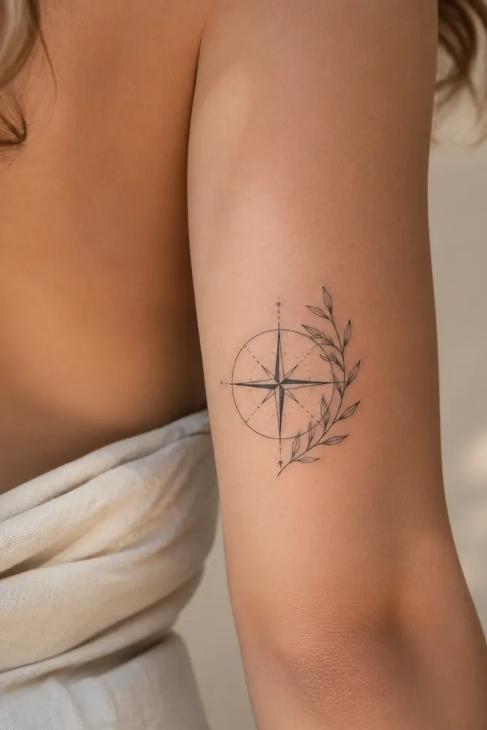 A bold compass sits in the center, with an olive branch wrapping around the outer rim. The compass has thick black lines and a clean cardinal needle design, while the leaves form a wreath around the circle. Muted green shading sits on leaf backs, and the compass center is left mostly black.