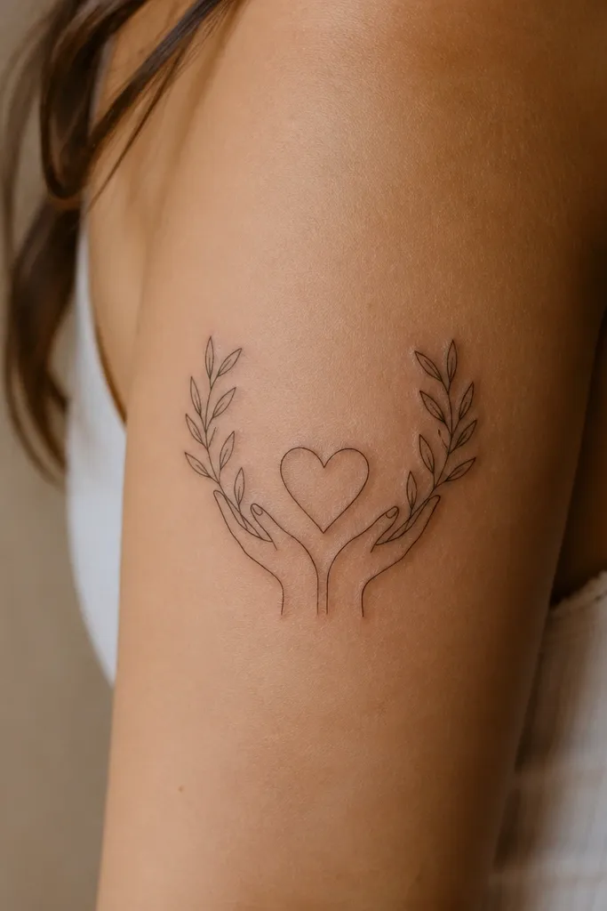 Two bold hands reach inward from the sides, cradling a small heart in the center. An olive branch curves behind the heart and wraps slightly around the hands. Leaves are outlined in thick black with muted olive shading, and the heart is dark with a lighter highlight edge.