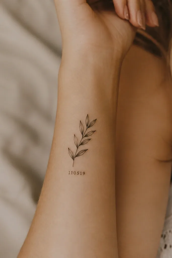 A bold olive branch wraps around a rectangular date stamp on the forearm. The stamp has thick black borders, and inside it there's a short numeric date in clean, bold font style. Leaves are outlined in black with muted olive shading, and the branch ends taper into two leaf clusters.