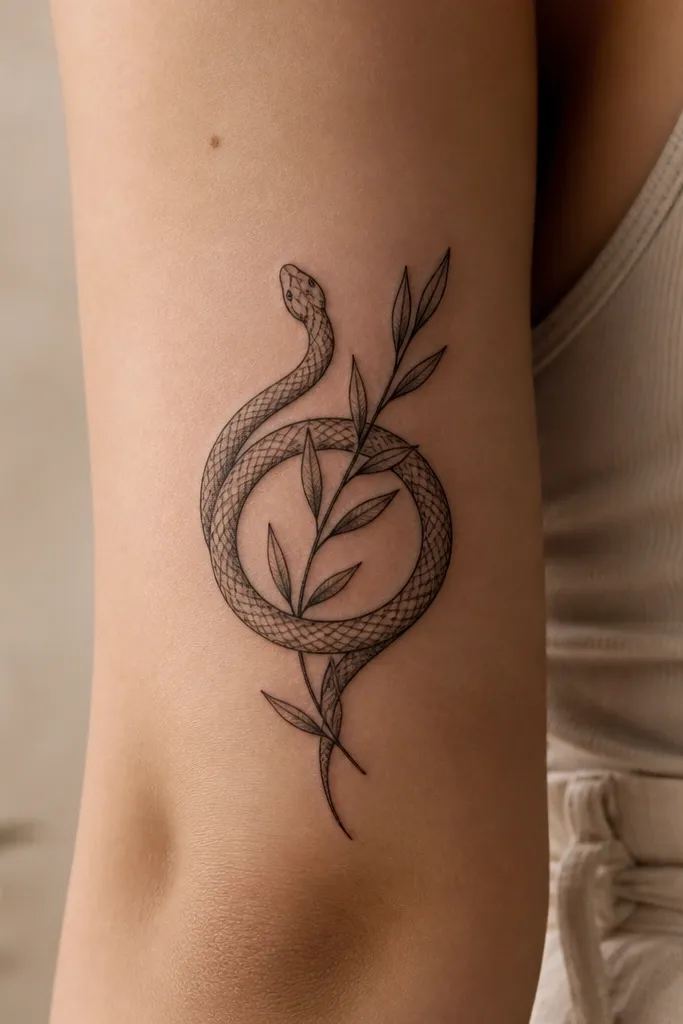 A bold serpent loop winds around an olive branch, forming a circular shape around a small dark symbol in the center. The serpent has thick black scales as simple shapes, and the olive leaves sit on top of the branch. Muted olive shading is used on leaves only, while the serpent stays mostly black.