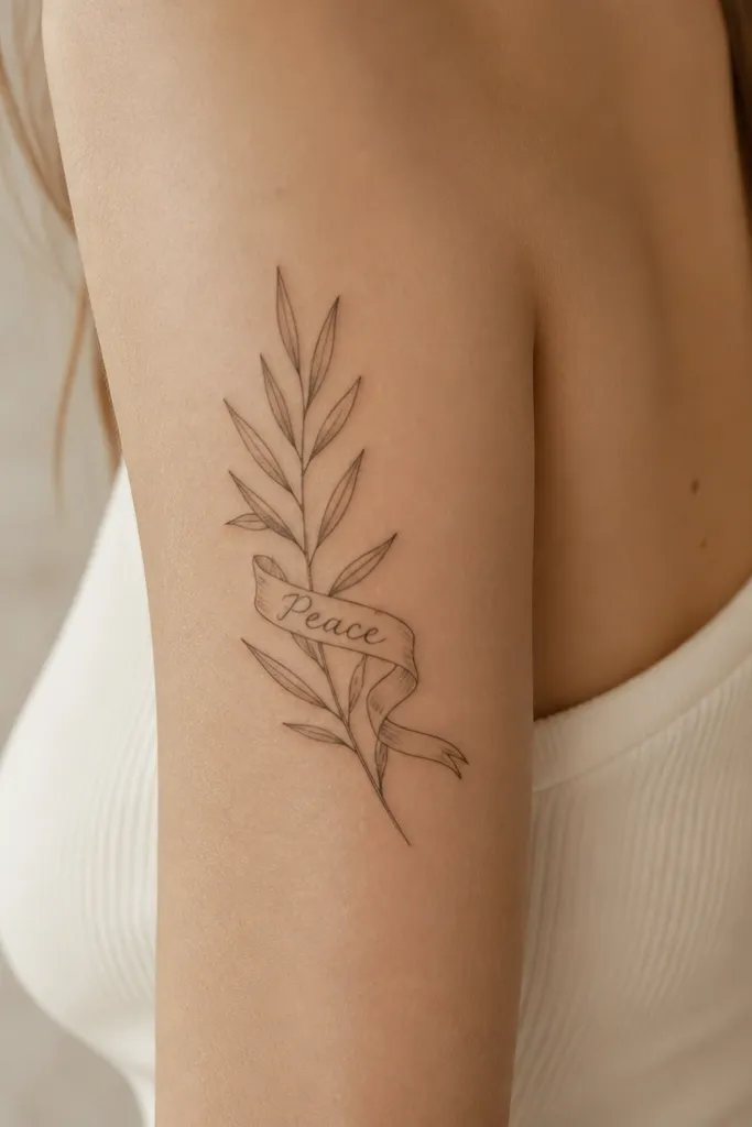 A bold olive branch rises from a ribbon banner on the forearm. The ribbon has thick black borders and contains only one word in bold uppercase letters. The leaves are outlined in black with muted olive shading, and the ribbon tails curl slightly outward.