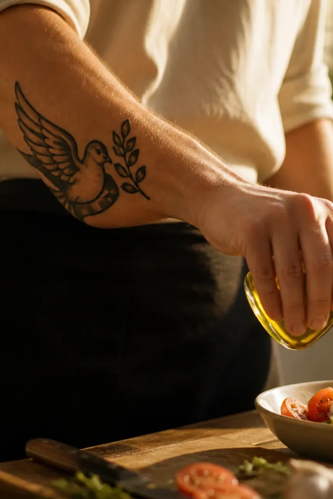 A traditional-style dove with wings spread sits above a curved olive branch. A thin ribbon banner wraps under the branch ends, with no text - just the ribbon tails. The tattoo is placed on the outer forearm, showing crisp dark outlines and light gray shading in the wings.
