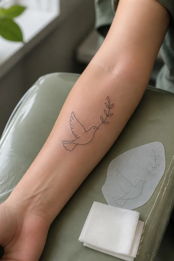 A minimalist dove drawn in a continuous single-line style sits above a small olive spray. The tattoo is on the inner wrist, with the olive branch leaves represented as simple teardrops. There's no shading, just a clean black line that follows the dove's contour.