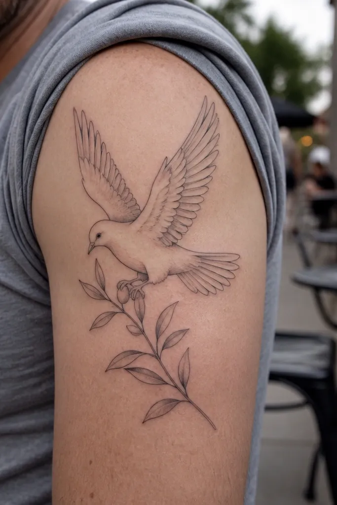 A fine-line dove is perched as if stepping onto an olive branch that curves across the skin. The leaves have light stippling and a clear stem line, and the dove's feet are drawn with tiny toes. The tattoo sits across the upper ribs, with the branch following the rib curve.