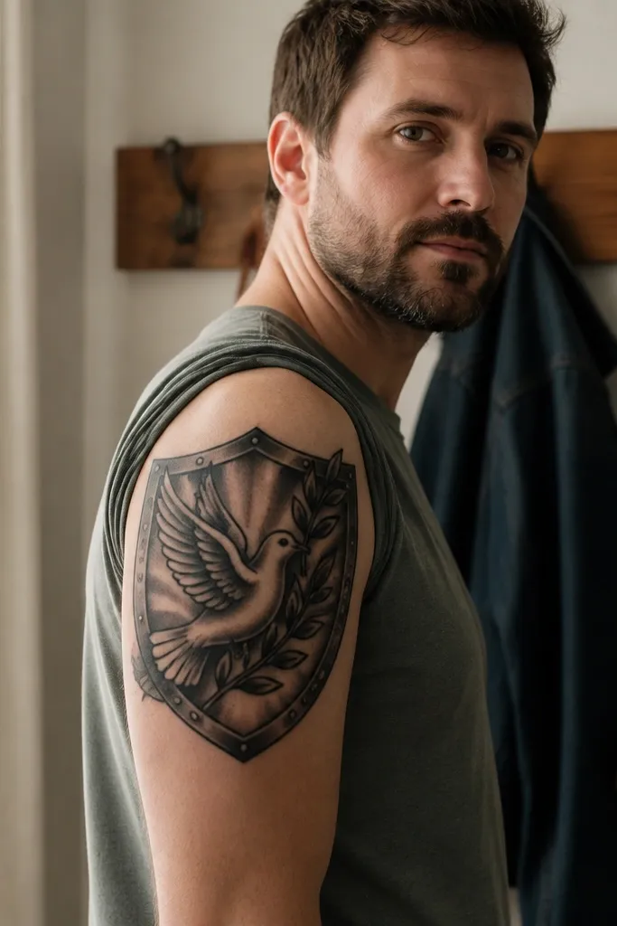 A traditional tattoo shield shape frames a dove in the center. The olive branch crosses diagonally behind the dove's wings, with leaves in neat pairs. The design is on the upper arm, with bold black outlines and limited muted color accents in the shield border.