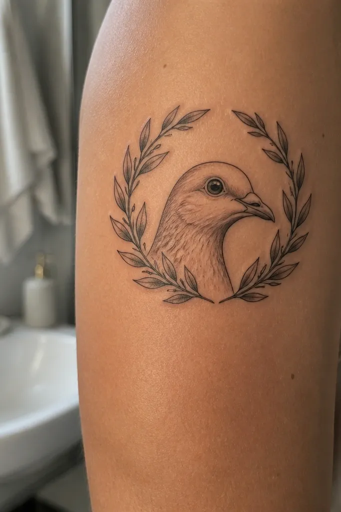 A realistic dove head portrait sits in profile, with an olive branch drawn as a soft halo around the head. The leaves have subtle gradients and tiny vein lines, and the background is clean skin tone with faint gray shading. The tattoo is on the back of the upper arm, photographed against a sleeveless top.