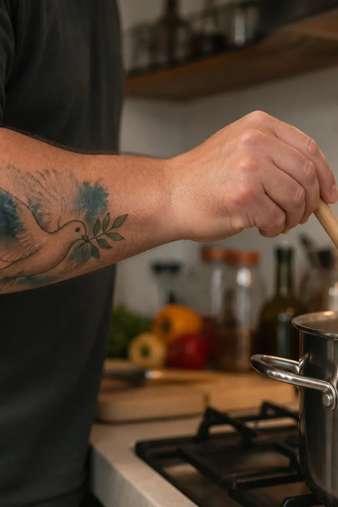 A dove silhouette is drawn with soft watercolor-like edges in pale gray and off-white, with splashes of very light sage green. An olive branch curls beneath it with clearer leaf outlines and a few green accents. The tattoo is on the upper chest, visible above the collarbone.