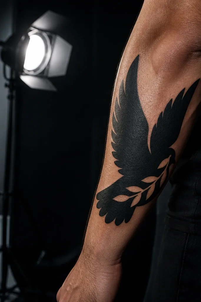 A blackwork dove is formed with bold black shapes and clean negative space. The olive branch is drawn as cut-out white space against solid black, with leaf outlines carved by the absence of ink. The tattoo sits on the outer bicep, with high contrast.