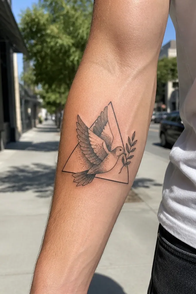 A geometric dove head and wing are drawn inside a triangular frame. An olive branch runs along the bottom edge of the triangle, with leaves aligned to the triangle angles. The tattoo is on the forearm, with fine dotwork shading and crisp black lines.