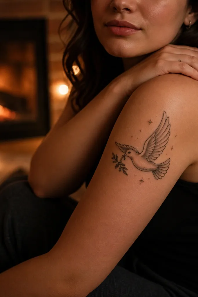 A dove sits above an olive branch, and small five-point stars and sparkly dots float around the wings. The tattoo is on the side of the shoulder, with black linework and light gray shading, plus a few tiny accent dots in muted gold-like tone.