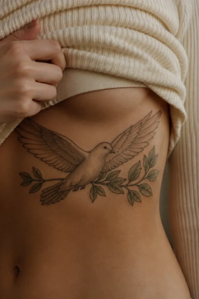 A large dove with wings stretched wide spans across the ribcage. The olive branch runs horizontally under the dove, with leaves layered and slightly staggered. The tattoo uses black linework with soft gray shading in the wing feathers, and it curves with the ribs.
